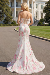 Floral White and Pink Mermaid Sweetheart Satin Long Prom Dress