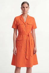 Notched Lapel Orange Short Sleeves Single Breasted Work Dress with Belt
