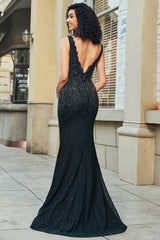 Mermaid Beaded V-Neck Black Prom Dress