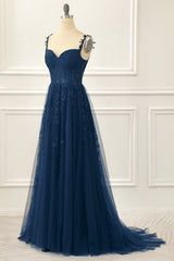 A Line Spaghetti Straps Lace Navy Prom Dress with Appliques