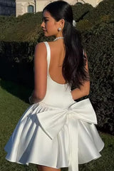 Bow Spaghetti Strap Party Cocktail Dress - L / White