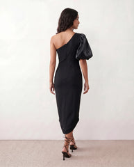Avery Asymmetric Neck Plunge Neck Midi Dress