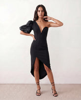Avery Asymmetric Neck Plunge Neck Midi Dress
