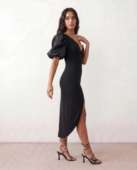 Avery Asymmetric Neck Plunge Neck Midi Dress