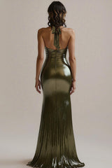 Olive Metallic Mermaid Long Ruched Evening Dress with Slit