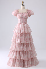 Blush A Line Square Neck Tiered Prom Dress with Ruffles