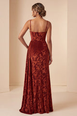 Burgundy Corset Spaghetti Straps Velvet Long Wedding Guest Dress with Slit
