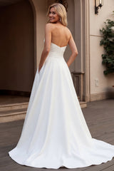 Ivory Strapless A Line Satin Ruched Wedding Dress