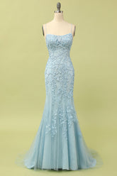 Mermaid Blue Long Prom Dress Backless Evening Dress