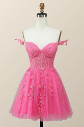 Off the Shoulder Hot Pink Lace Short Homecoming Dress