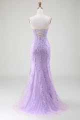 Light Purple Corset Sweetheart Long Lace Mermaid Prom Dress with Slit
