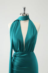 Peacock Sheath V-Neck Backless Wedding Guest Dress with Slit