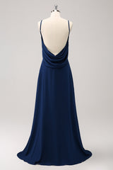 Navy Cowl Back A-Line Long Bridesmaid Dress