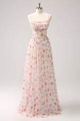White Red Floral Corset Spaghetti Straps Long Bridesmaid Dress