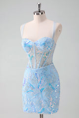 Sparkly Light Blue Corset Tight Short Homecoming Dress
