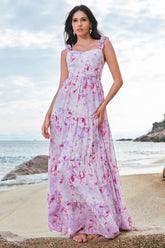 Grey Purple Chiffon Floral Long Bridesmaid Dress