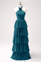 Pine Tiered Chiffon Bridesmaid Dress with Flower