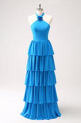Blue Tiered Chiffon Bridesmaid Dress with Flower