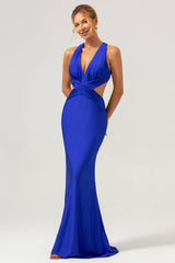Royal Blue Mermaid V Neck Cut Out Ruched Long Bridesmaid Dress