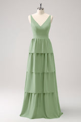 Sky Blue A Line V-Neck Tiered Long Bridesmaid Dress