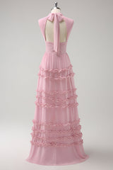 Blush Ruffled Chiffon A-Line Bridesmaid Dress with Open Back