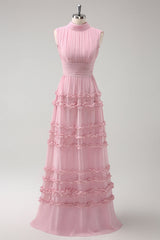 Blush Ruffled Chiffon Long Bridesmaid Dress with Open Back