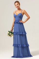 Spaghetti Straps Dark Blue Ruffled Long Bridesmaid Dress with Slit