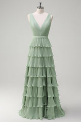 Dusty Sage Pleated Tiered A-Line Bridesmaid Dress with Slit