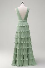Dusty Sage Pleated A-Line Long Tiered Bridesmaid Dress with Slit