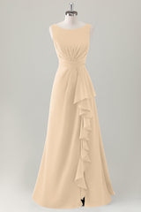 Champagne A-Line Ruffle Long Bridesmaid Dress with Slit