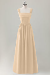 Champagne Corset A-Line Square Neck Long Bridesmaid Dress with Lace Up Back