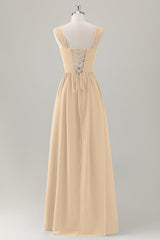 Champagne Corset A-Line Square Neck Long Bridesmaid Dress with Lace Up Back