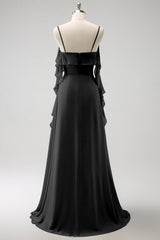 Eucalyptus A-Line Spaghetti Straps Chiffon Long Bridesmaid Dress with Slit