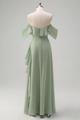 Eucalyptus Off The Shoulder Chiffon Long Bridesmaid Dress