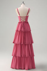 Rusty Rose A-Line Chiffon Tiered Long Bridesmaid Dress