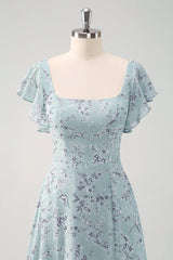 Grey Green Chiffon Floral Bridesmaid Dress with Slit