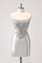 Sparkly Strapless Corset Silver Floral Tight Short Homecoming Dress