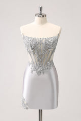 Sparkly Strapless Corset Silver Floral Tight Short Homecoming Dress