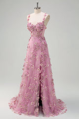 Taro Floral A-Line Spaghetti Straps Long Prom Dress with Slit