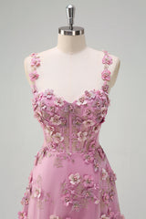 Taro Floral A-Line Spaghetti Straps Long Prom Dress with Slit