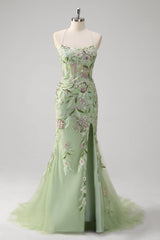 Green Floral Mermaid Applique Spaghetti Straps Corset Long Prom Dress with Slit