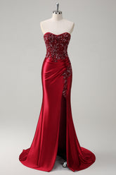 Sparkly Burgundy Floral Mermaid Beaded Corset Long Prom Dress with Slit