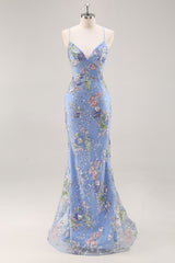 Sparkly Blue Beaded Mermaid Floral Long Prom Dress with Sequins
