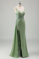 Sparkly Light Green Spaghetti Straps Lace Long Prom Dress with Slit
