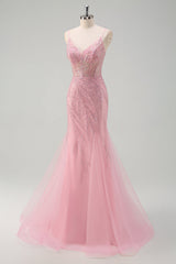 Sparkly Pink Mermaid Spaghetti Straps Long Prom Dress
