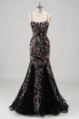 Black Mermaid Spaghetti Straps Corset Long Prom Dress with Appliques