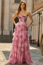 Blush A Line Floral Sweetheart Tiered Long Corset Prom Dress with Slit