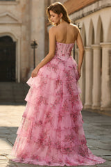 Blush A Line Floral Sweetheart Tiered Long Corset Prom Dress with Slit