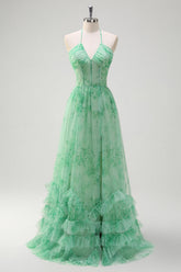 Green Floral Halter Tiered A-Line Ruffles Bridesmaid Dress with Slit
