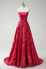Strapless Fuchsia A Line Floral Long Prom Dress with Slit